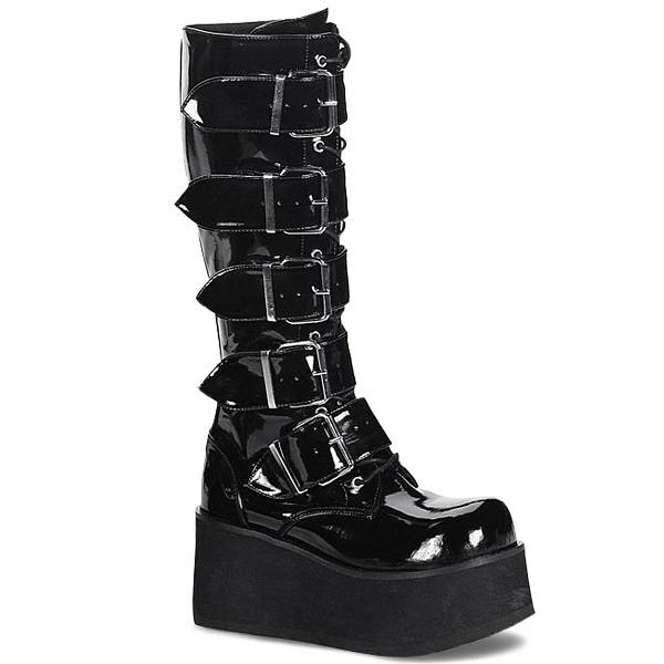 Demonia Trashville-518 Black Patent Stiefel Herren D205-381 Gothic Kniehohe Stiefel Schwarz Deutschland SALE